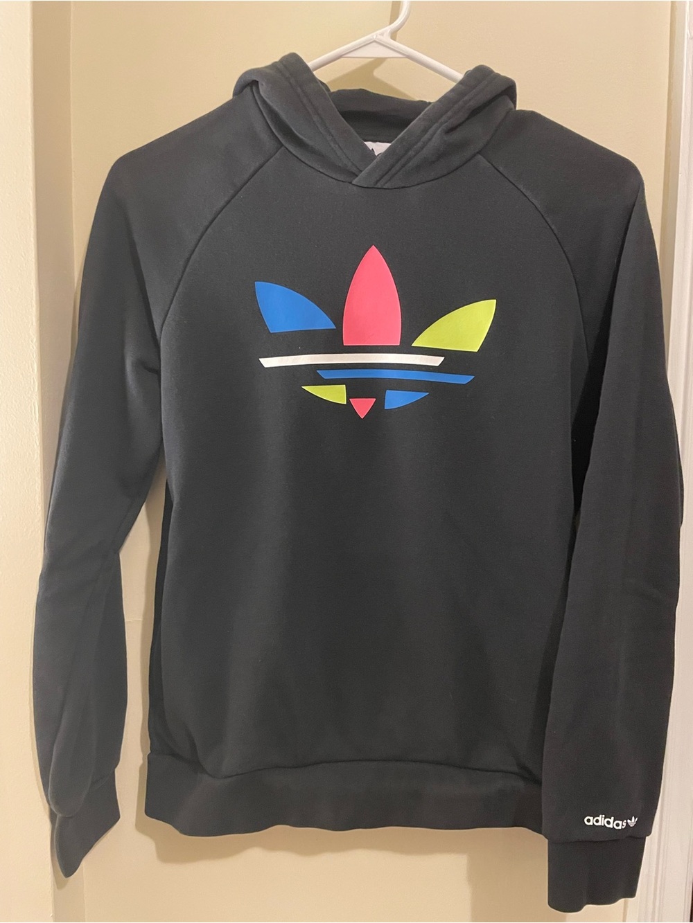 Boys size 13-14 adidas Black Hoodie with Blue, Pink & Lime Trefoil